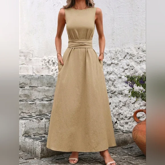 New Textured Cotton High Neck Wrap Tie Waist Maxi Dress Tan Camel Beige - Picture 5 of 9